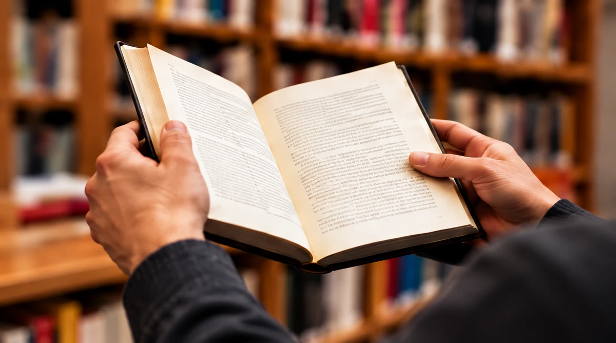Manos sosteniendo un libro abierto en una biblioteca