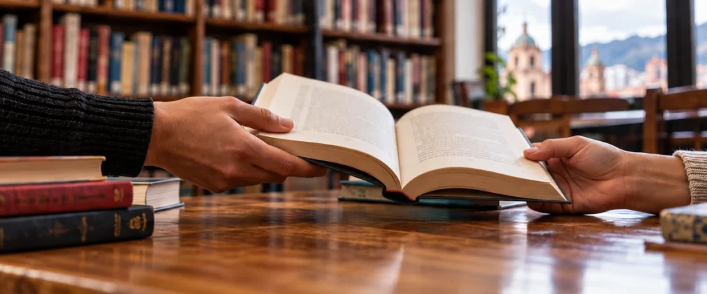 Manos compartiendo un libro abierto en una biblioteca