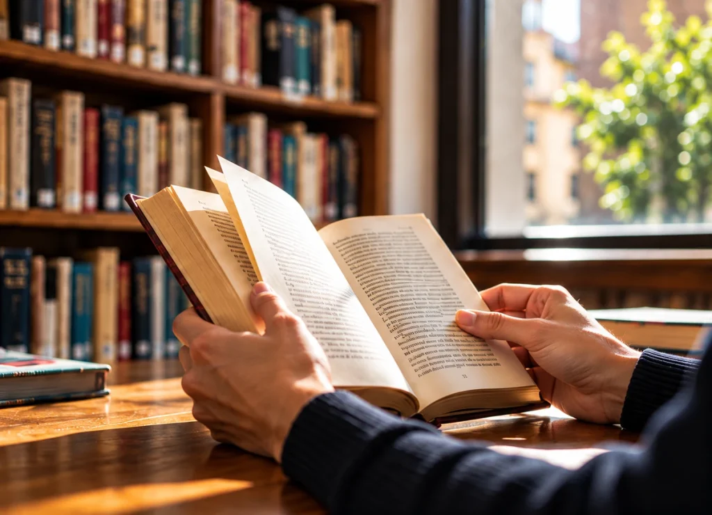 Persona leyendo un libro en una biblioteca junto a la ventana